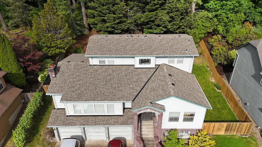 Completed roof replacement on a two-story Clackamas home.